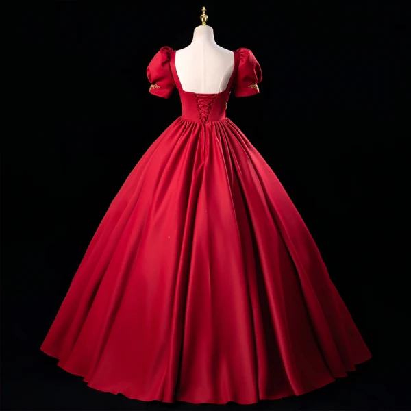 Elegant Burgundy Beading Sequins Prom Dresses Ball Gown 2023 Square Neckline Puffy Short Sleeve Backless Floor-Length / Long Prom Formal Dresses