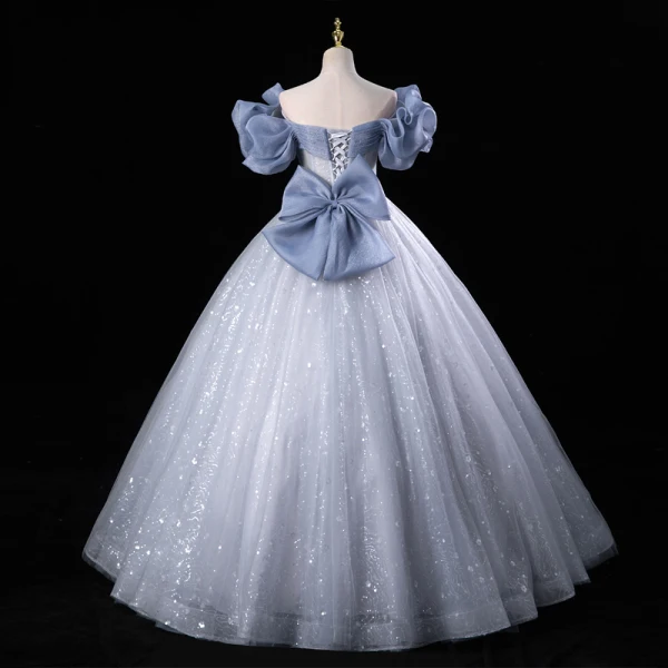 Bling Bling Bleu Ciel Paillettes Robe De Bal 2023 Robe Boule Volants De l'épaule Manches Courtes Dos Nu Longue Promo Robe De Ceremonie