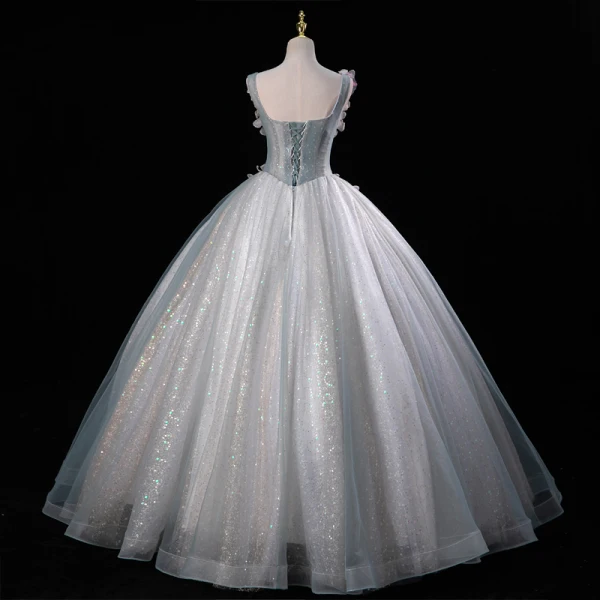 Flower Fairy Grey Sky Blue Beading Sequins Lace Flower Appliques Prom Dresses 2023 Ball Gown U-Neck Ankle Strap Sleeveless Backless Floor-Length / Long