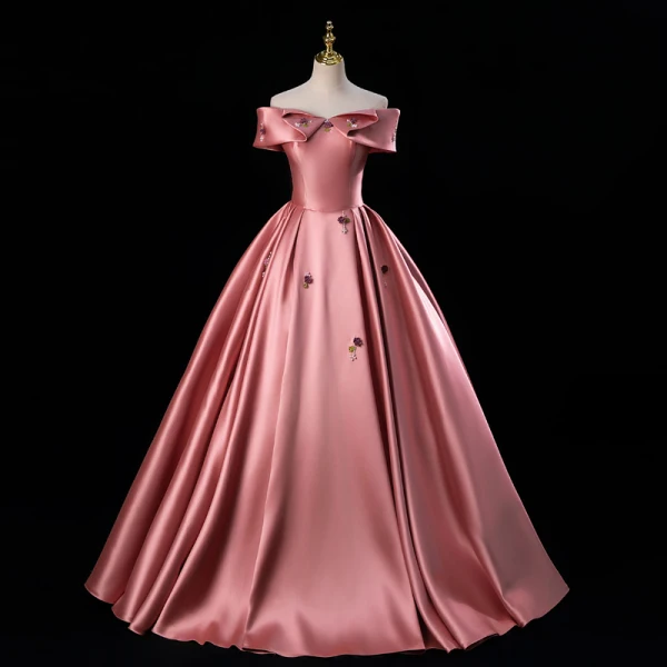 Schöne Pink Perlenstickerei Satin Ballkleider 2023 Ballkleid Off Shoulder Ärmellos Rückenfreies Lange Ball Festliche Kleider