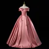 Chic / Beautiful Candy Pink Beading Satin Prom Dresses 2023 Ball Gown Off-The-Shoulder Sleeveless Backless Floor-Length / Long Prom Formal Dresses