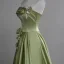 Elegant Sage Green Appliques Satin Prom Dresses 2025 A-Line / Princess Strapless Sleeveless Backless Prom Sweep Train Formal Dresses