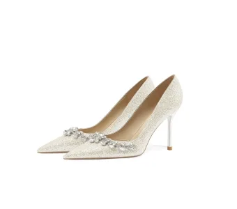 Charming White Rhinestone Sequins Wedding Shoes 2026 Leather 8 Cm Stiletto Heels Pointed Toe Wedding Pumps High Heels