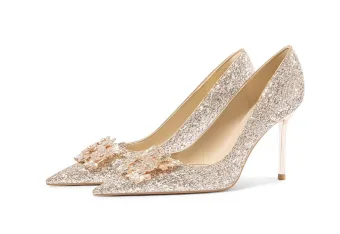 Bling Bling Champagne Rhinestone Sequins Wedding Shoes 2026 Leather 8 Cm Stiletto Heels Pointed Toe Wedding Pumps High Heels