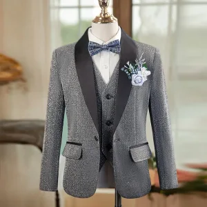 Grau 6 Stück Lange Ärmel Hochzeit Anzüge Jungs 2024 Schulterschmuck Mantel Hose Hemd Krawatte Weste