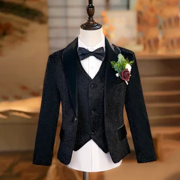 Black 6 Piece Long Sleeve Wedding Boys Wedding Suits 2024 Body Jewellery Coat Pants Shirt Tie Vest