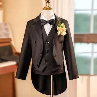 Black 6 Piece Long Sleeve Boys Wedding Suits 2024 Body Jewellery Coat Pants Shirt Tie Vest