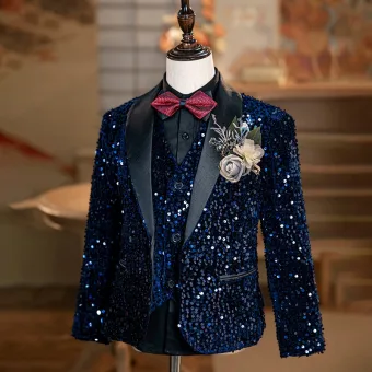 Navy Blue Sequins 6 Piece Long Sleeve Wedding Boys Wedding Suits 2024 Body Jewellery Coat Pants Shirt Tie Vest
