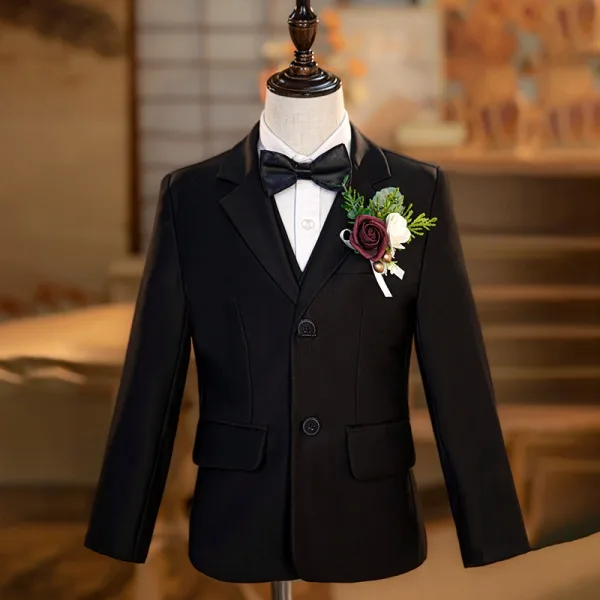 Noire 6 pièces Manches Longues Costume Garçon Mariage 2024 Mariage Bijoux De Corps Manteau Pantalon Chemise Cravate Gilet