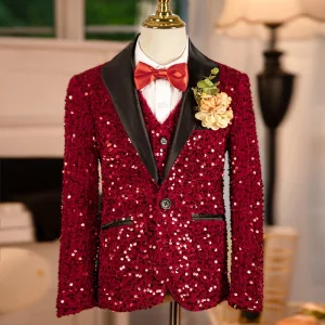 Bling Bling Rouge Paillettes 6 Pièces Manches Longues Costume Garçon Mariage 2024 Bijoux De Corps Manteau Pantalon Chemise Cravate Gilet