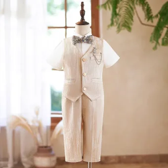 Moda Khaki 5 Szt Kótkie Rękawy Garnitur Dla Chłopca 2024 Biżuteria Ciała Spodnie Koszula Kamizelka
