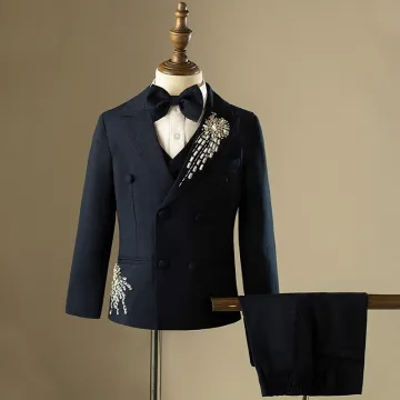 Granatowe Długie Rękawy Rhinestone 5 Szt Garnitur Dla Chłopca 2024 Płaszcz Spodnie Koszula Krawat Kamizelka