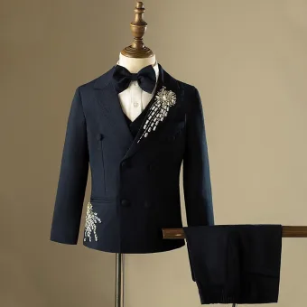 Marino Oscuro Manga Larga Rhinestone 5 Piezas Trajes Para Niños 2024 Abrigos Pantalones Camisas Corbata Chaleco