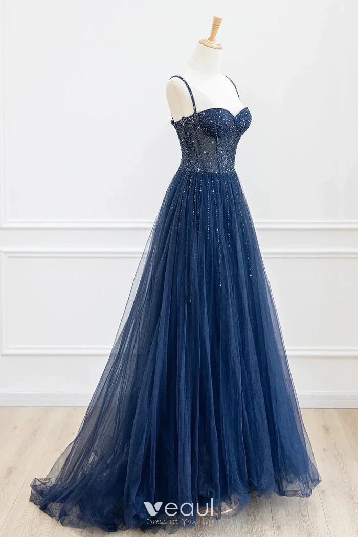 Vintage Retro Navy Blue Handmade Beading Star Sequins Prom Dresses 2024 A  Line Princess Spaghetti Straps Sleeveless Backless Floor Length Long Prom  Formal Dresses