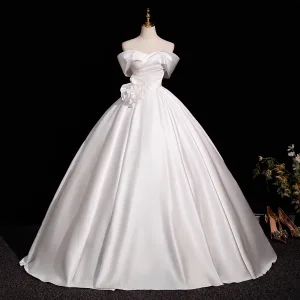 Elegant White Satin Flower Prom Dresses 2025 Ball Gown Off The Shoulder Short Sleeve Backless Floor Length Long Prom Formal Dresses