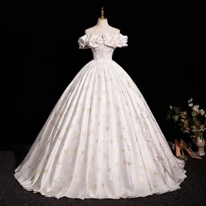 Élégant Ivoire Perle Brodé Robe De Bal 2025 Robe Boule De L Épaule Manches Courtes Dos Nu Longue Promo Robe De Ceremonie