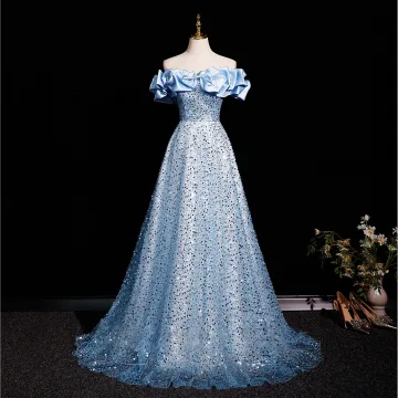 Sparkly Sky Blue Beading Pearl Sequins Prom Dresses 2025 A Line Princess Off The Shoulder Short Sleeve Backless Sweep Train Prom Formal Dresses