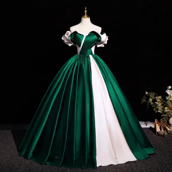 Deux Tons Élégant Vert Foncé Satin Robe De Bal 2025 Robe Boule De L Épaule Manches Courtes Dos Nu Longue Promo Robe De Ceremonie