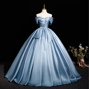 Elegant Sky Blue Satin Prom Dresses 2025 Ball Gown Off The Shoulder Short Sleeve Backless Floor Length Long Prom Formal Dresses