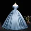 Elegant Sky Blue Satin Prom Dresses 2025 Ball Gown Off-The-Shoulder Short Sleeve Backless Floor-Length / Long Prom Formal Dresses