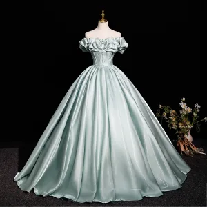 Élégant Vert Citron Satin Robe De Bal 2025 Robe Boule De L Épaule Manches Courtes Dos Nu Longue Promo Robe De Ceremonie