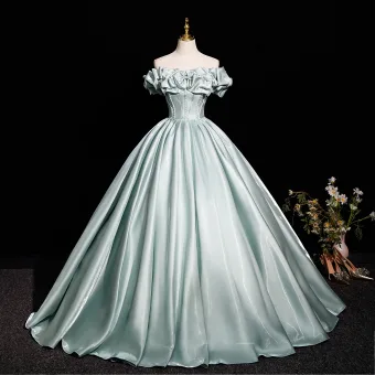 Élégant Vert Citron Satin Robe De Bal 2025 Robe Boule De L Épaule Manches Courtes Dos Nu Longue Promo Robe De Ceremonie