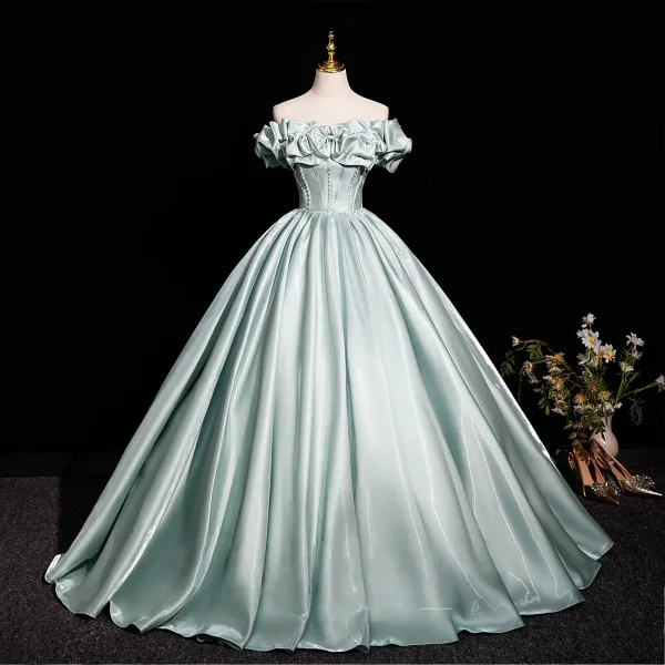 Elegant Mint Green Satin Prom Dresses 2025 Ball Gown Off-The-Shoulder Short Sleeve Backless Floor-Length / Long Prom Formal Dresses Elegant Mint Green Satin Prom Dresses 2025 Ball Gown Off-The-Shoulder Short Sleeve Backless Floor-Length / Long Prom Formal Dresses