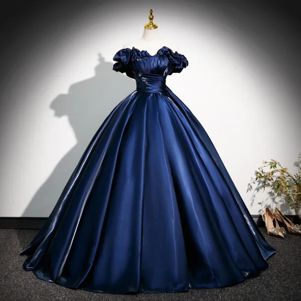 Vintage / Retro Navy Blue Satin Prom Dresses 2025 Ball Gown Off-The-Shoulder Short Sleeve Backless Floor-Length / Long Formal Dresses