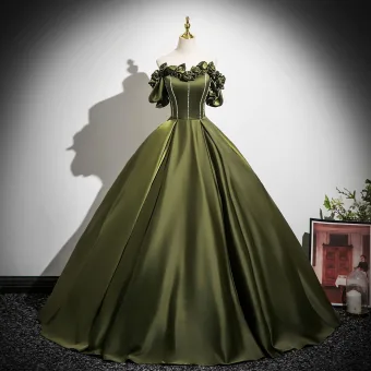 Vintage Originale Vert Foncé Appliques Satin Robe De Bal 2025 Robe Boule De L Épaule Manches Courtes Dos Nu Longue Robe De Ceremonie