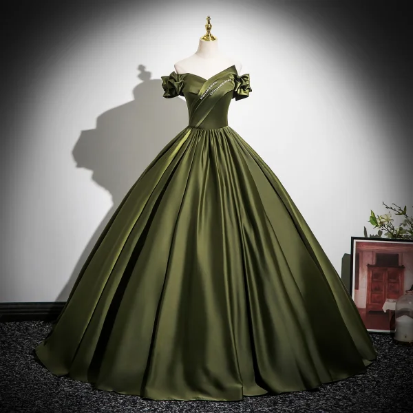 Vintage / Retro Dark Green Satin Prom Dresses 2025 Ball Gown  Off-The-Shoulder Short Sleeve Backless Floor-Length / Long Formal Dresses