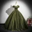 Vintage / Retro Dark Green Satin Prom Dresses 2025 Ball Gown Off-The-Shoulder Short Sleeve Backless Floor-Length / Long Formal Dresses
