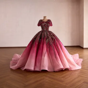 Voluminous Gradient Color Burgundy Beading Lace Flower Sequins Prom Dresses 2026 Ball Gown V Neck Short Sleeve Court Train Formal Dresses