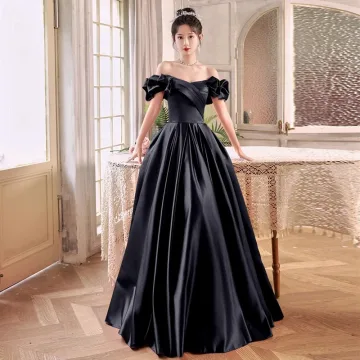Audrey Hepburn Style Black Satin Prom Dresses 2025 A Line Princess Off The Shoulder Short Sleeve Backless Floor Length Long Prom Formal Dresses