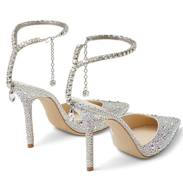 Charmant Silber Leder Strass Brautschuhe 2022 8 cm Stilettos Knöchelriemen Spitzschuh Hochzeit Sandaletten Hochhackige