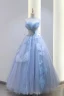 Charming Sky Blue Pearl Butterfly Appliques Prom Dresses 2024 A-Line / Princess Strapless Sleeveless Backless Floor-Length / Long Prom Formal Dresses