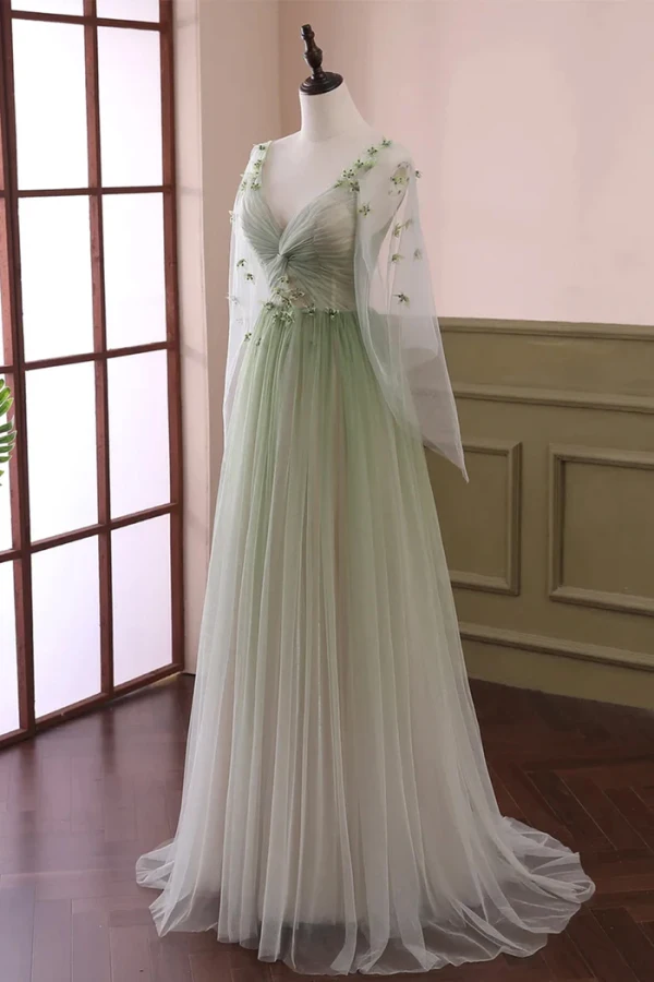 Fashion Gradient-Color Sage Green Appliques Prom Dresses 2024 A-Line / Princess V-Neck Long Sleeve Backless Floor-Length / Long Prom Formal Dresses