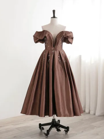 Vintage Retro Coffee Pearl Prom Dresses 2024 A Line Princess Off The Shoulder Short Sleeve Backless Tea Length Formal Dresses