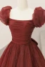 Foldable Burgundy Glitter Prom Dresses 2024 A-Line / Princess Square Neckline Puffy Short Sleeve Backless Bow Floor-Length / Long Formal Dresses