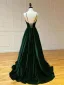 Vintage / Retro Dark Green Velvet Prom Dresses 2024 A-Line / Princess Spaghetti Straps Sleeveless Backless Sweep Train Formal Dresses