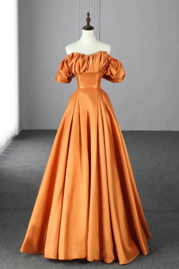 Chic / Beautiful Orange Ruffle Off-The-Shoulder Prom Dresses 2024 A-Line / Princess Short Sleeve Backless Floor-Length / Long Prom Formal Dresses