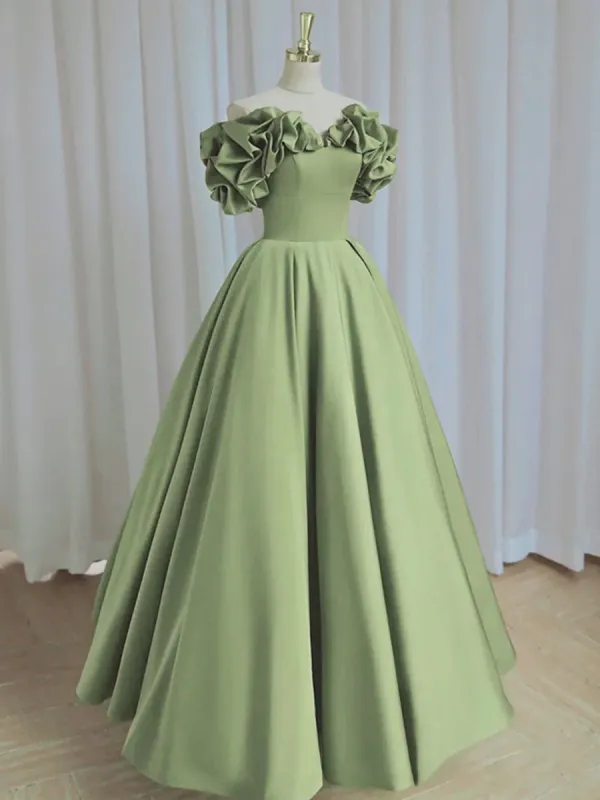 Ruffles Satin Green Off The Shoulder A Line Prom Dress Ruffles Satin Green Off The Shoulder A Line Prom Dress