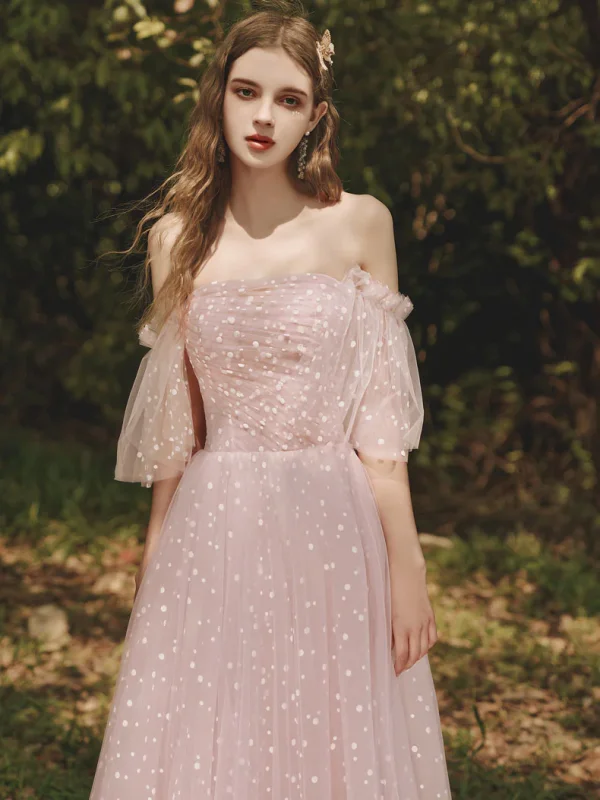 Chic / Beautiful Blushing Pink Spotted Bridesmaid Dresses 2023 A-Line / Princess Off-The-Shoulder Short Sleeve Backless Floor-Length / Long Prom Bridesmaid Dresses