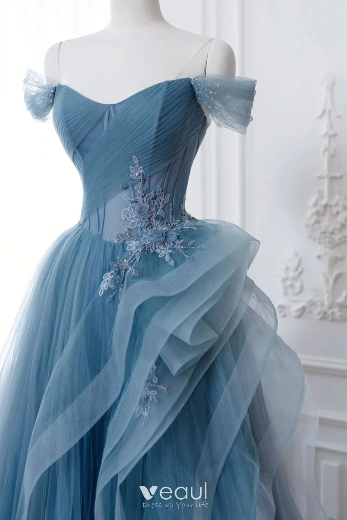light blue ruffle prom dress Light Blue Floral Lace A Line Prom Dresses Off the Shoulder Ruffled Long Formal Dress ARD2898 main image 0