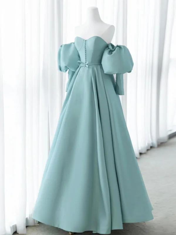 Elegant Sage Green Satin Prom Dresses 2024 A-Line / Princess Off-The-Shoulder Puffy Short Sleeve Backless Floor-Length / Long Formal Dresses