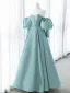 Elegant Sage Green Satin Prom Dresses 2024 A-Line / Princess Off-The-Shoulder Puffy Short Sleeve Backless Floor-Length / Long Formal Dresses