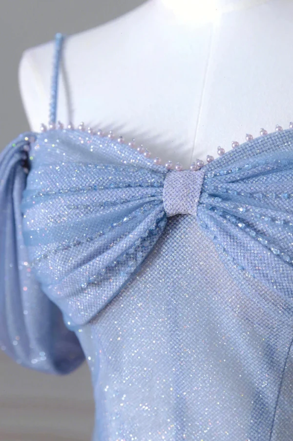 Western Bling Bling Sky Blue Beading Pearl Sequins Glitter Prom Dresses 2024 A-Line / Princess Spaghetti Straps Backless Floor-Length / Long Formal Dresses