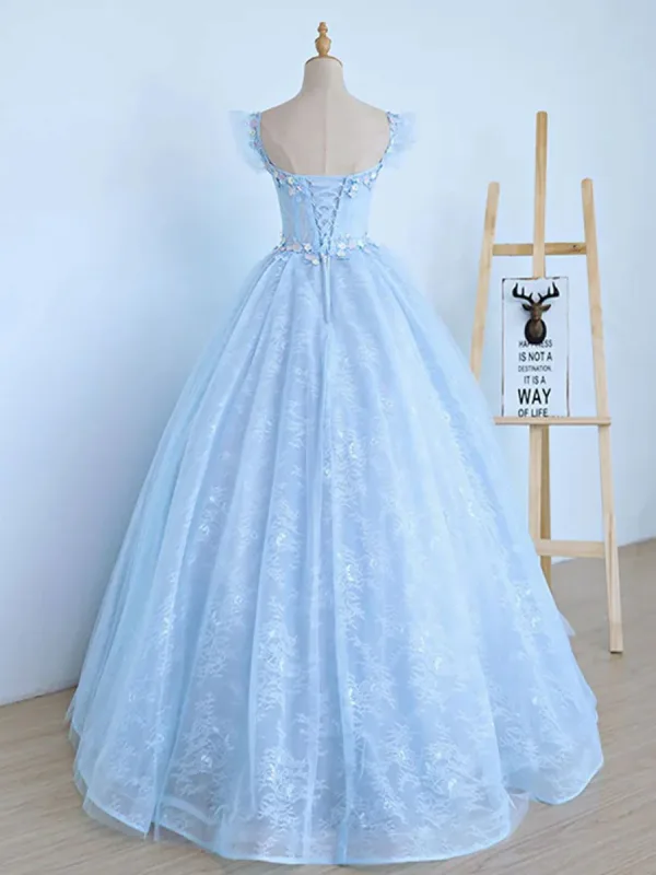 Élégant Bleu Ciel Perlage Perle En Dentelle Fleur Appliques Robe De Bal 2024 Robe Boule Encolure Carrée Sans Manches Dos Nu Longue Robe De Ceremonie