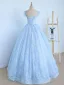 Élégant Bleu Ciel Perlage Perle En Dentelle Fleur Appliques Robe De Bal 2024 Robe Boule Encolure Carrée Sans Manches Dos Nu Longue Robe De Ceremonie