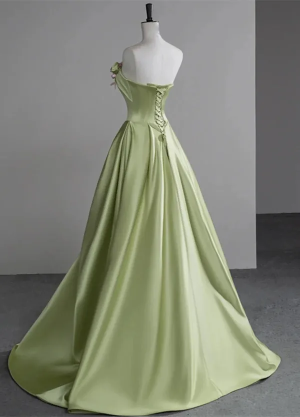Elegant Sage Green Appliques Satin Prom Dresses 2025 A-Line / Princess Strapless Sleeveless Backless Prom Sweep Train Formal Dresses