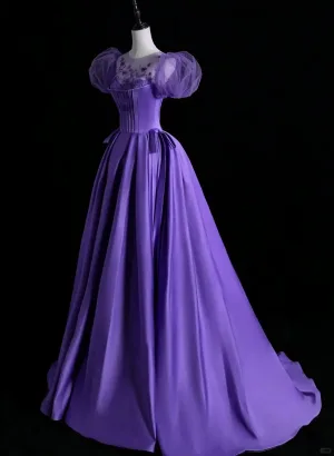 Vintage Retro Purple Satin Prom Dresses 2025 A Line Princess Scoop Neck Puffy Short Sleeve Backless Sweep Train Prom Formal Dresses